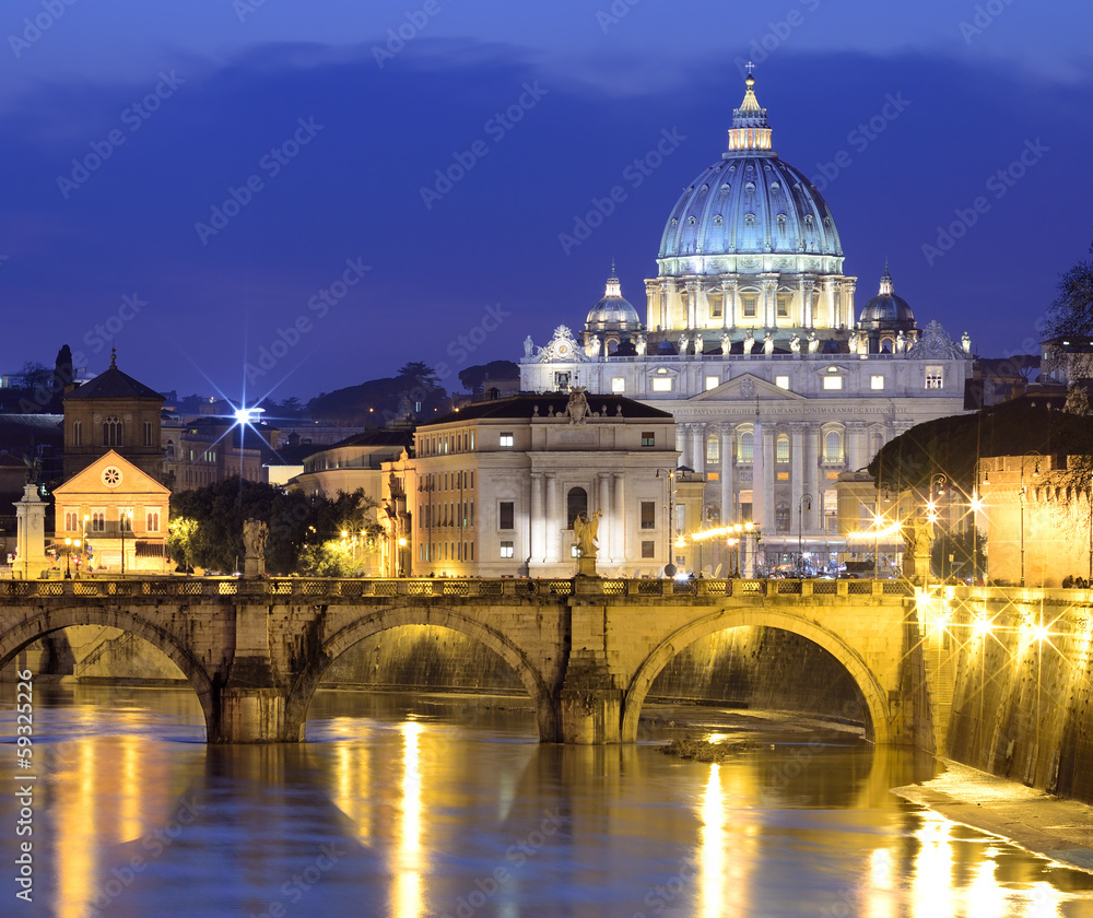 Tiber River, St. Angel Bridge and St. Peter's Basilica, Rome