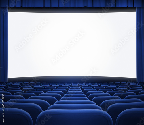 cinema screen with open blue curtain and seats
