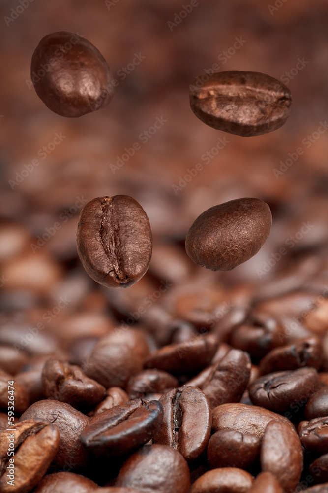 four falling beans and roasted coffee - obrazy, fototapety, plakaty 