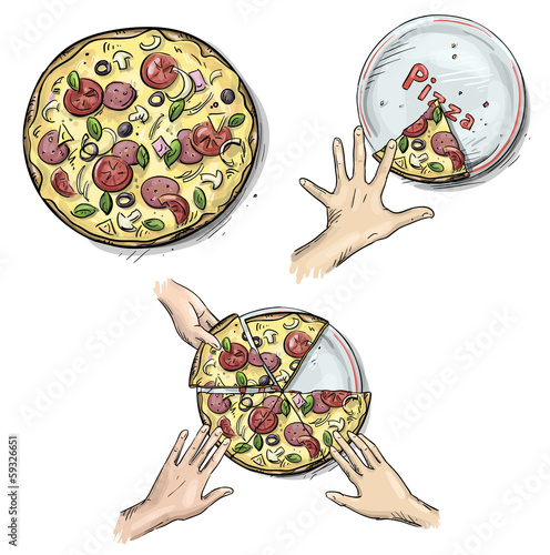 Yummy pizza, Hands holding pizza slices