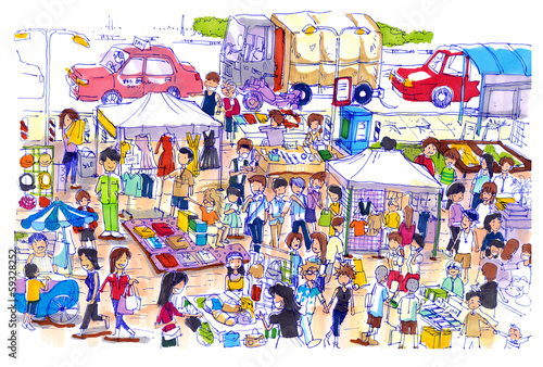 Schilderij op canvas Lively and colorful flea market in Asia