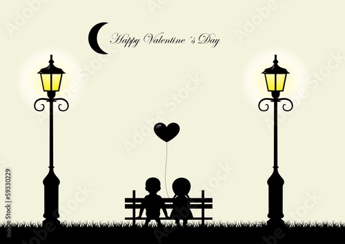 silhouette of boy and girl sitting on a bench, vector
