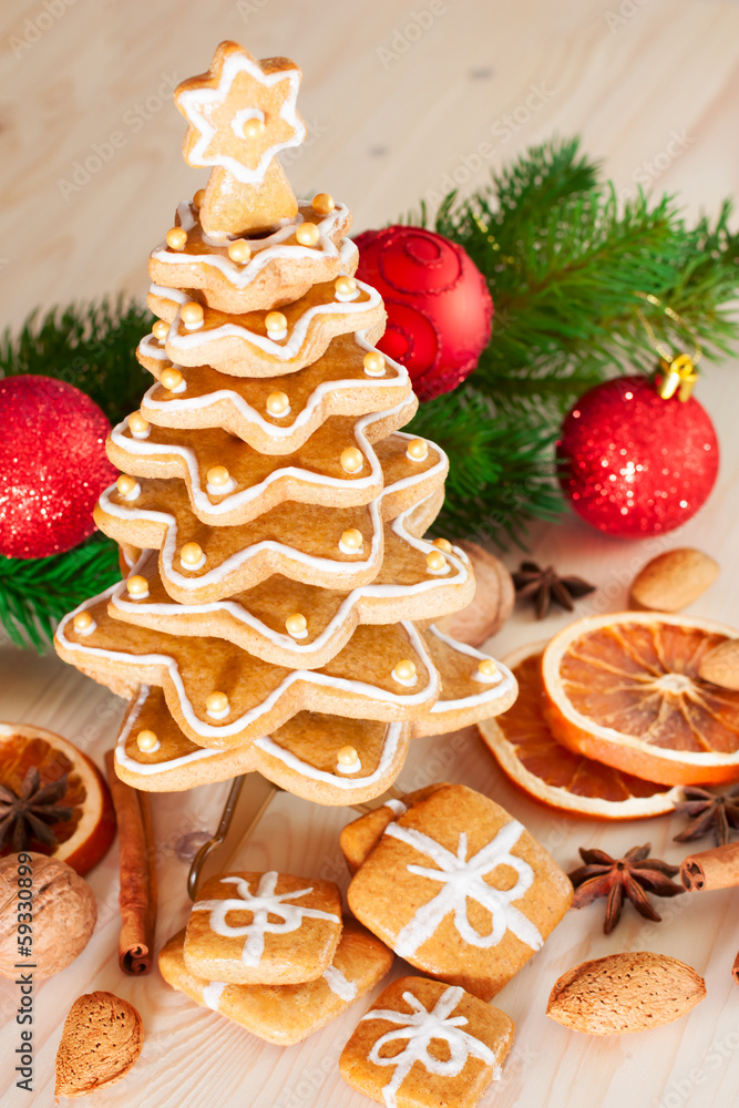 Gingerbread christmas tree.Gingerbread cookies stacked as christ