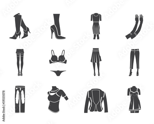 Silhouette woman and female clothes icons