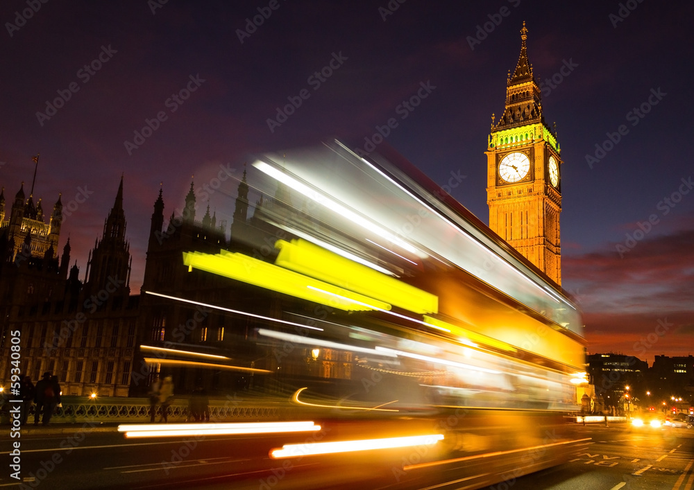 Big Ben and bus light trail