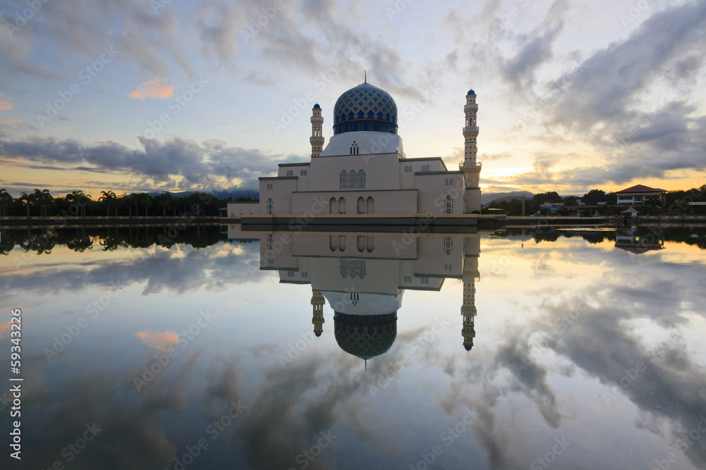 reflection of sunrise and mosque at Sabah, Borneo, Malaysia