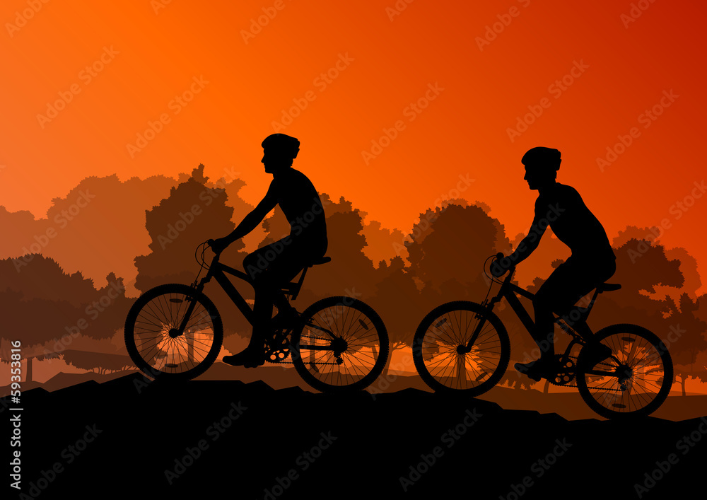Obraz premium Active cyclists bicycle riders in wild forest nature landscape b