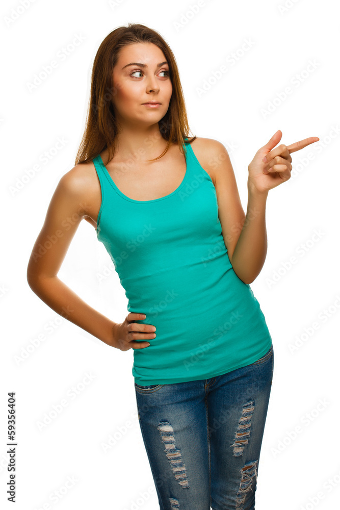 surprised woman shows finger in direction hand isolated on white surprised woman shows finger in direction hand isolated on white