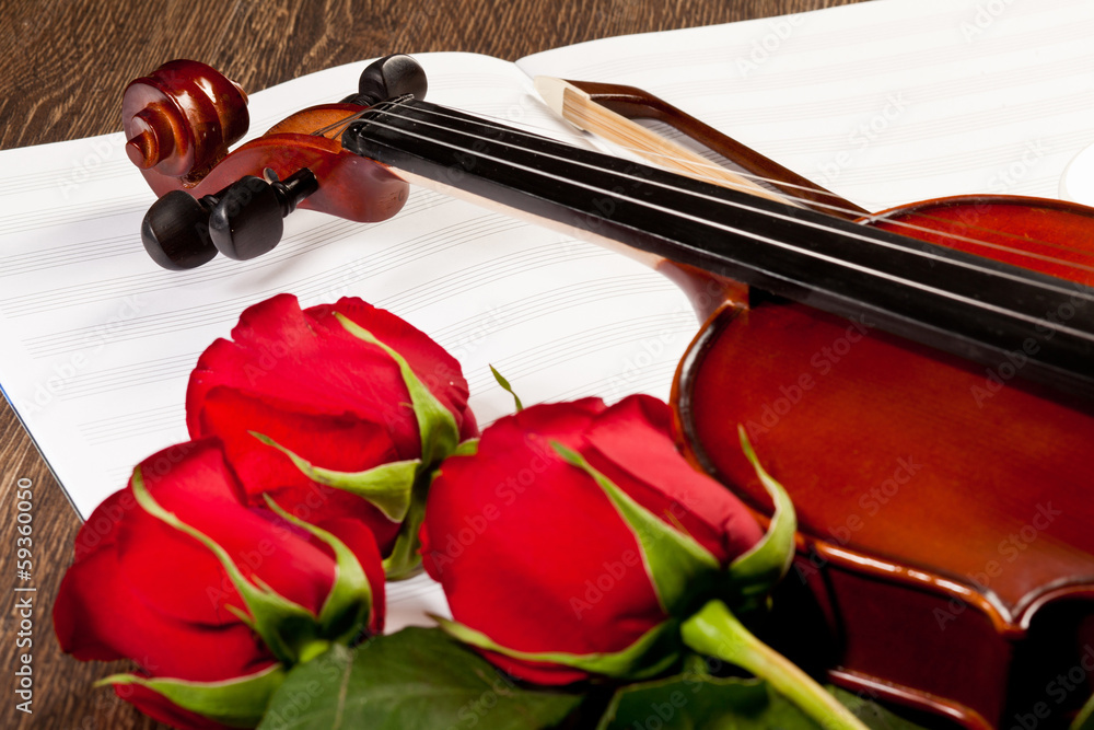 Fototapeta premium Red roses and a violin
