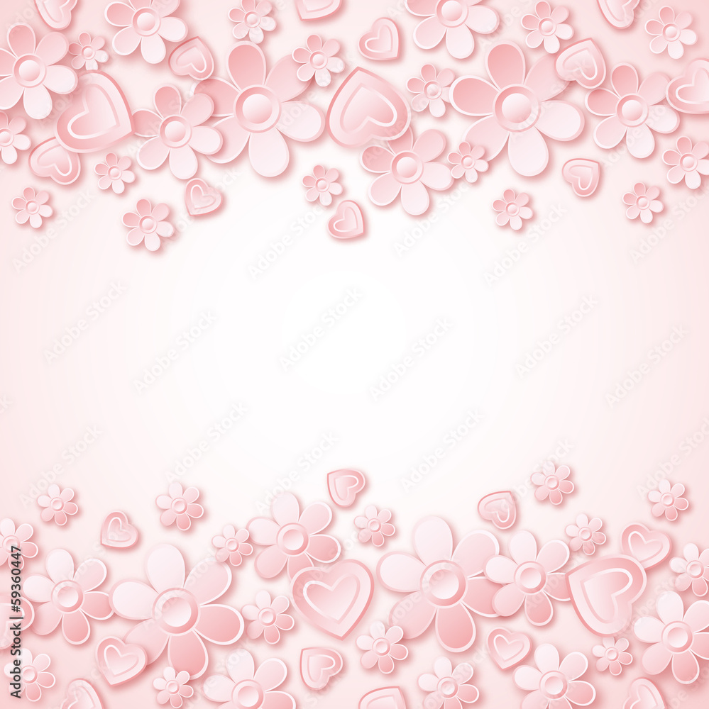 pink background with  valentine hearts and flowers,  vector