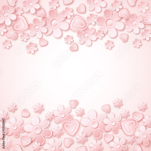 pink background with valentine hearts and flowers, vector