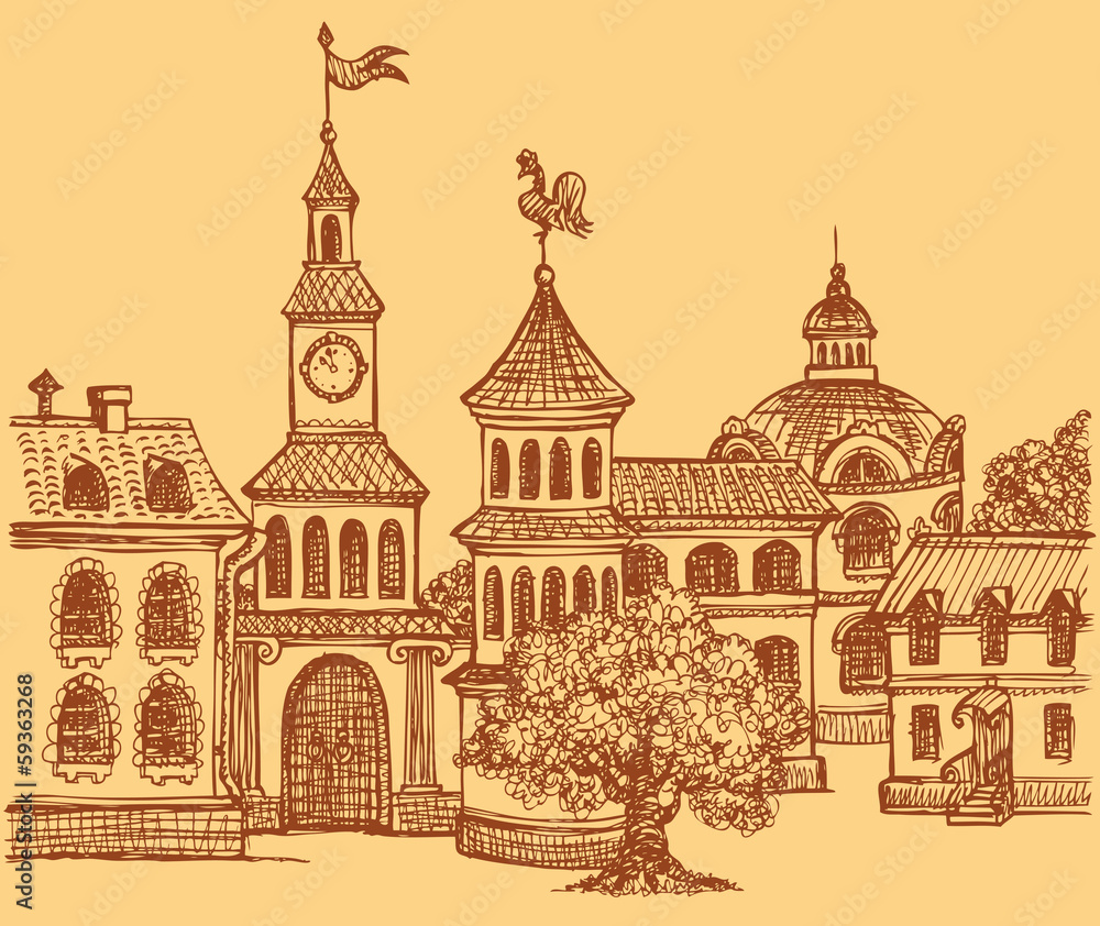 Vector doodle cityscape. Panorama fabulous old town square