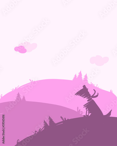 Dog silhouette  dawn landscape for your design