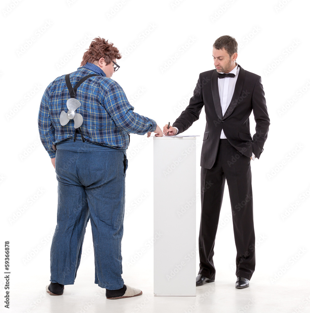 Elegant man arguing with a country yokel Elegant man arguing with a country yokel