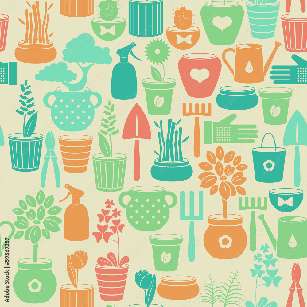Seamless background with flowers in pots and instruments Seamless background with flowers in pots and instruments