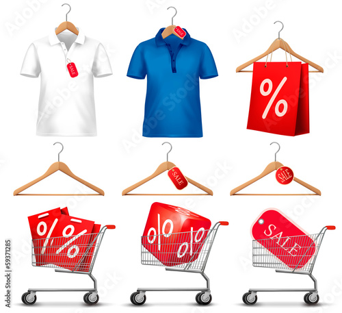 Clothes hanger with shirts with price tag. Concept of discount s