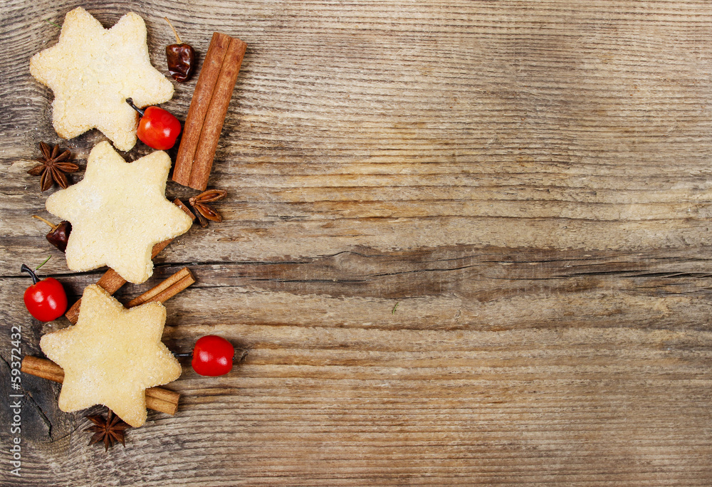 Christmas cookies on wooden background. Copy space, blank board Christmas cookies on wooden background. Copy space, blank board