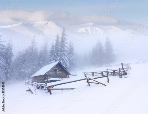 Forester's hut covered with snow in the mountains