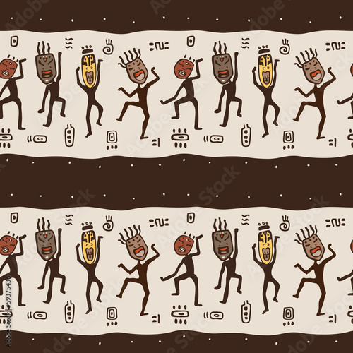 Dancing figures wearing African masks.