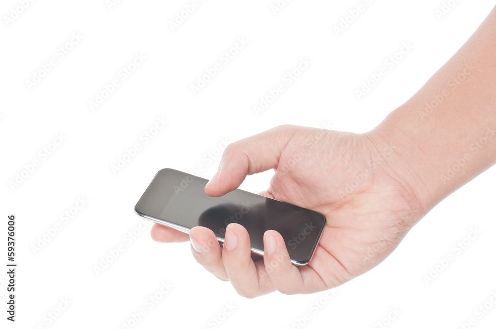 Hand holding mobile smart phone isolated on white Hand holding mobile smart phone isolated on white