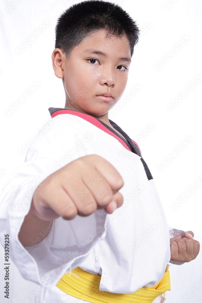 Handsome taekwondo boy trained fight activity Handsome taekwondo boy trained fight activity