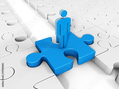 A piece of blue puzzle with over a man with a bridge joining two