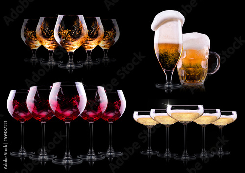 set with different drinks on black background