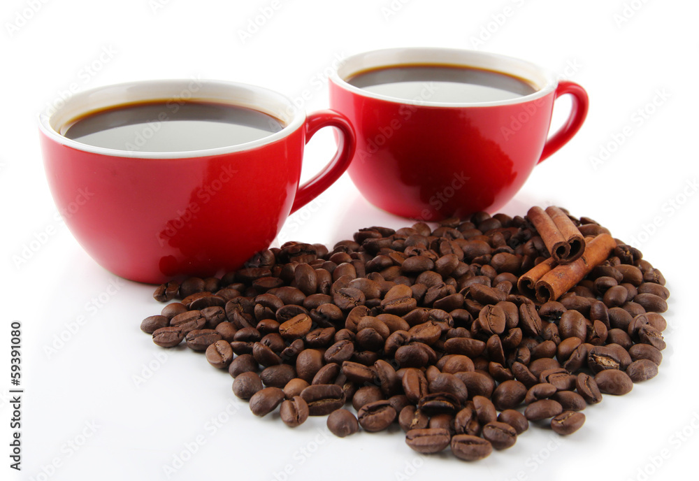 Fototapeta premium Red cups of strong coffee and coffee beans isolated on white