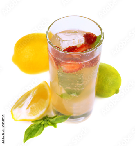 Basil lemonade with strawberry in glass, isolated on white