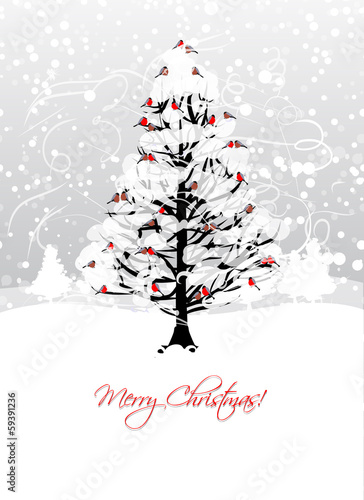 Christmas card design with winter tree and bullfinches