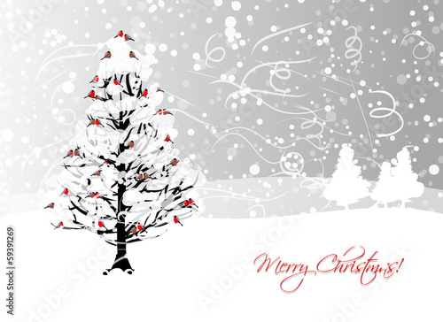 Christmas card design with winter tree and bullfinches