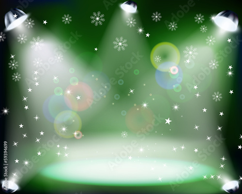Christmas Concert with spotlights and sowflakes on green
