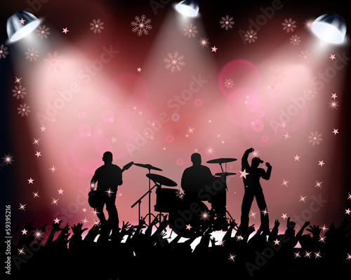 People dancing in rock concert Christmas party on red background