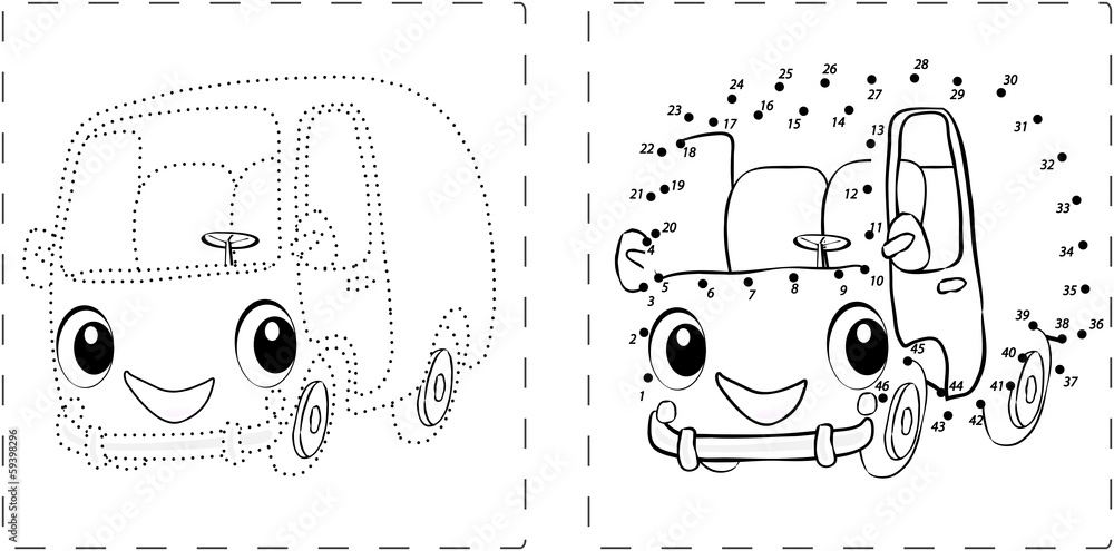 Fototapeta premium Funny bus drawing with dots and digits