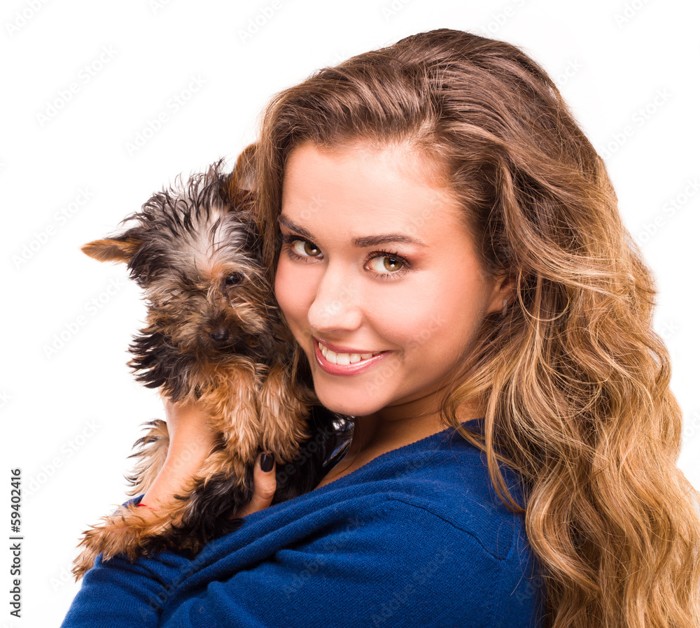 girl holding cute yorkie, isolated on white girl holding cute yorkie, isolated on white