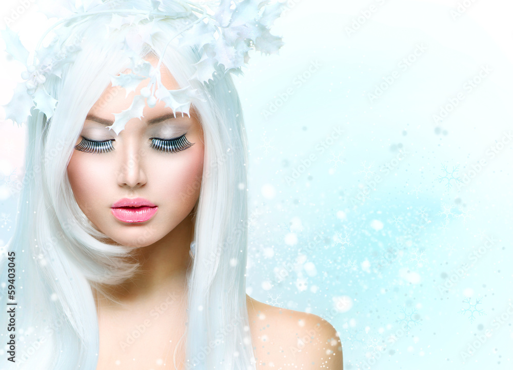 Winter Beauty Woman. Girl with Snow Hairstyle