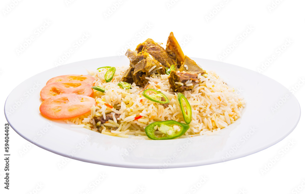 Traditional Arab Middle East dish Kabsa Rice with lamb Traditional Arab Middle East dish Kabsa Rice with lamb