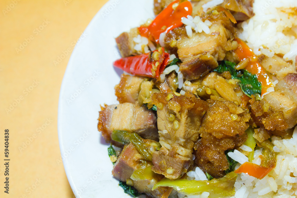 Stir-fried crispy pork with basil leaves Stir-fried crispy pork with basil leaves