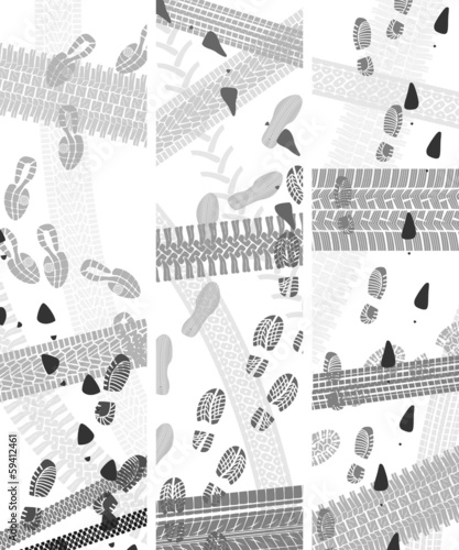 Vertical banners of shoe and tire prints.