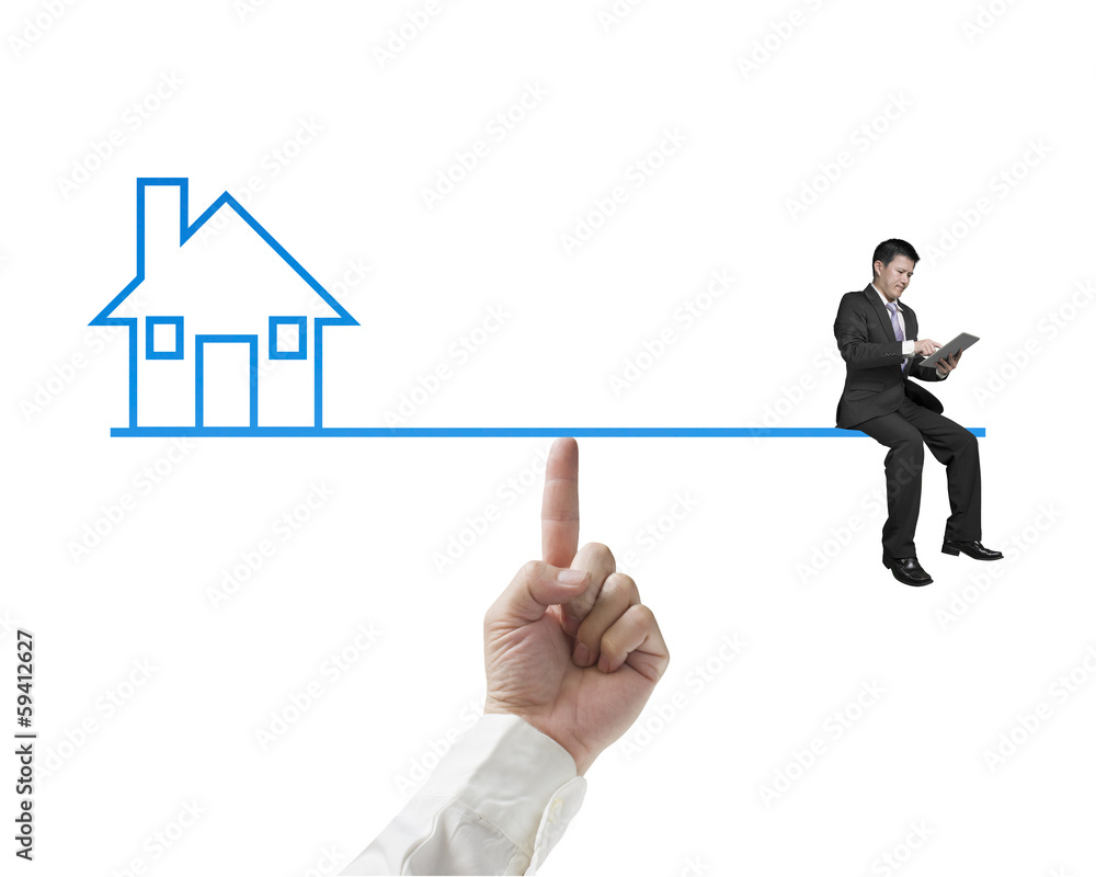 Businessman sitting on seesaw balance with home Businessman sitting on seesaw balance with home