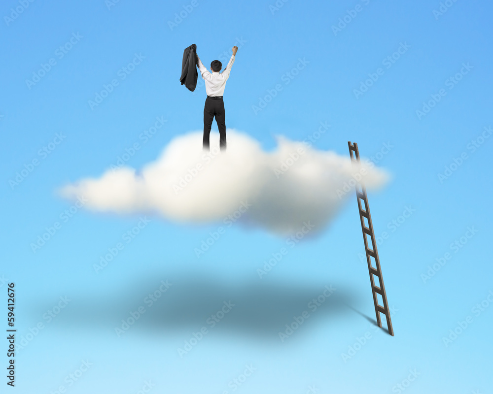 Cheered businessman on top of cloud with wooden ladder Cheered businessman on top of cloud with wooden ladder