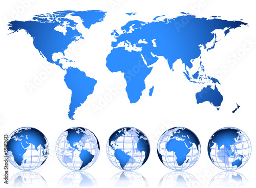 Detailed vector world map and globes