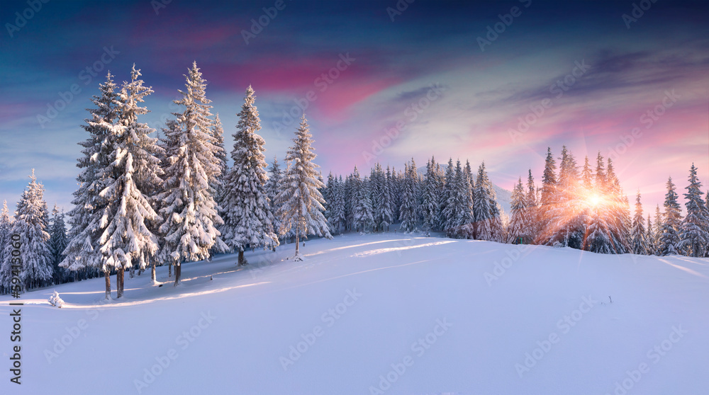 Panorama of the winter sunrise in the mountains - obrazy, fototapety, plakaty 
