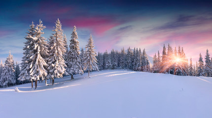 Fototapete Jahreszeiten Winterlicher Sonnenaufgang über Bergpanorama  © Andrew Mayovskyy