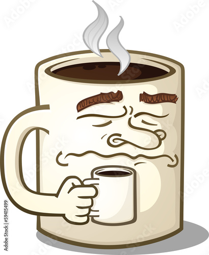 Grumpy Coffee Mug Cartoon Character Holding A Smaller Mug