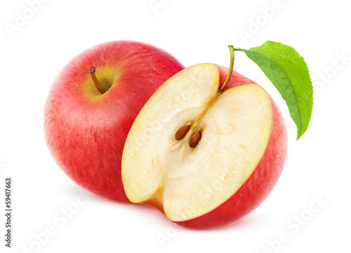 Isolated apples. One and a half red apple fruits isolated on white background