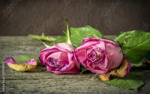 Fototapeta Naklejka Na Ścianę i Meble -  Withering pink roses lying on a rustic wooden table