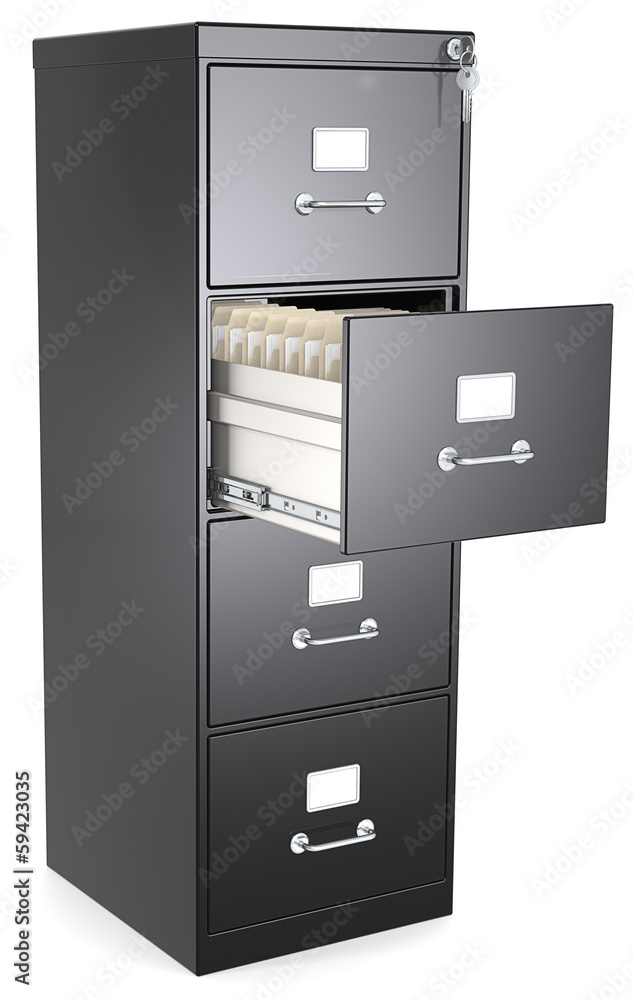 Black File Cabinet. Open drawer with files. Lock and key. Black File Cabinet. Open drawer with files. Lock and key.