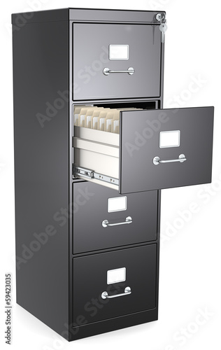 Black File Cabinet. Open drawer with files. Lock and key.