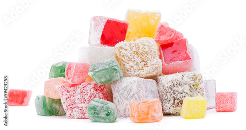 Photography Heap of colorful Turkish delight isolated on white background